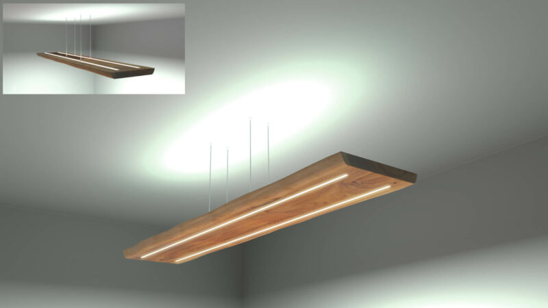 Lichten Lampe aus Eichenholz in abgehängter Montage mit 140cm Länge